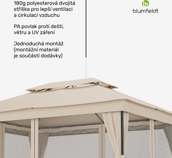 Blumfeldt Mondo Dual Pavilion 3x4 - dvojitá střecha a sítě proti komárům, nerezavějící kovový rám, střecha odolná vůči povětrnostním vlivům, zahradní altán, béžový