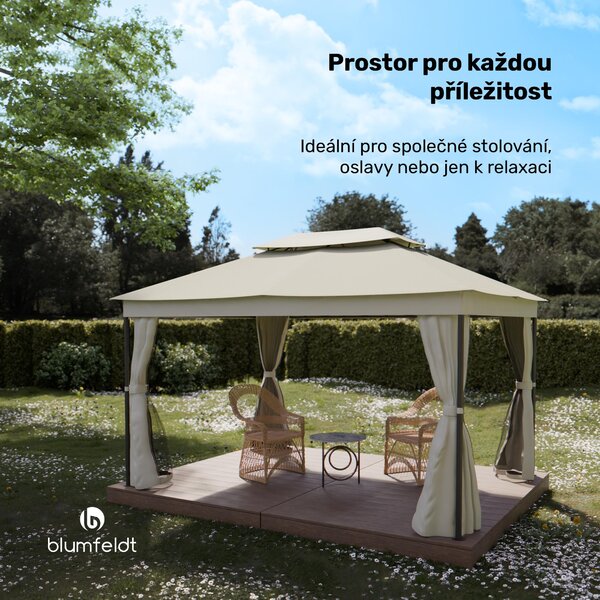 Blumfeldt Mondo Dual Pavilion 3x4 - dvojitá střecha a sítě proti komárům, nerezavějící kovový rám, střecha odolná vůči povětrnostním vlivům, zahradní altán, béžový