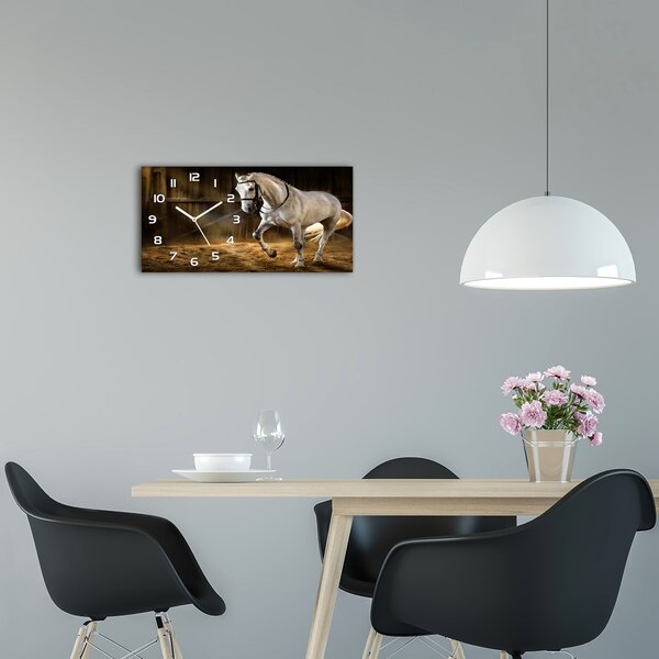 Skleněné hodiny na stěnu Bílý kůň ve stáji pl_zsp_60x30_f_113734003