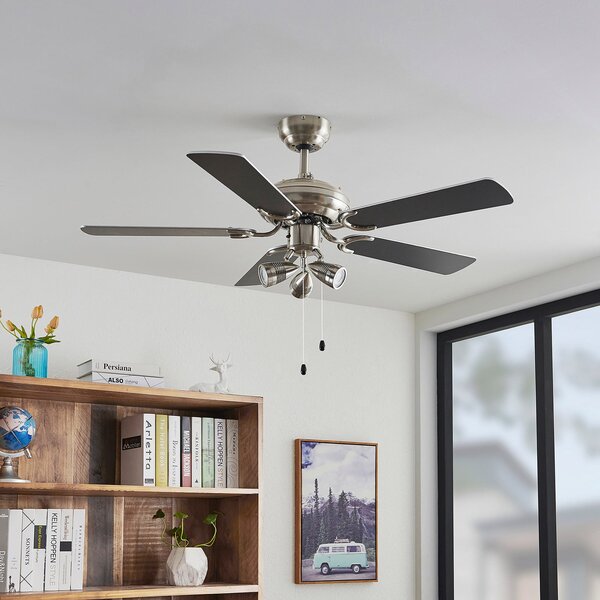 Stropní ventilátor Anariki se světlem, tichý, stříbrný – Lindby Lindby, Anariki, Metalická, Obývací pokoj, Kov, Venkovský / rustikální