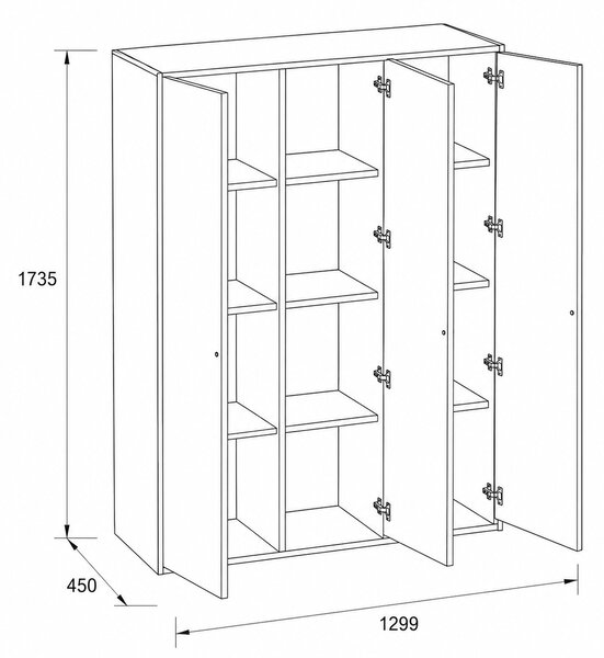 Kancelářská skříň FRAME, 3x dveře, 1299 x 450 x 1735 mm, PUSH-lock, šedá