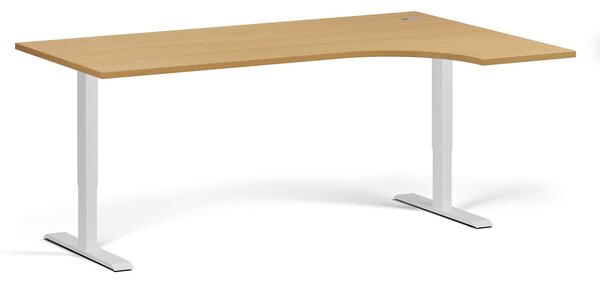 Rohový výškově nastavitelný stůl, 180x120 cm, 2 motory, L/P, bílá podnož, buk