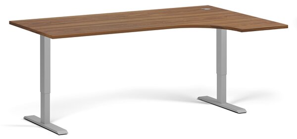 Rohový výškově nastavitelný stůl, 180x120 cm, 2 motory, L/P, šedá podnož, ořech