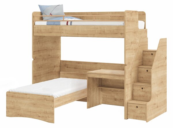 Patrová postel s psacím stolem a schůdky Modular - dub