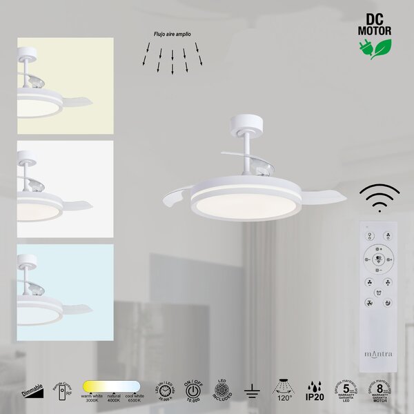 Mantra 9549 Villena Mini, rozvinovací ventilátor se svítidlem a dálk. ovladačem, LED 30W 3000-5000K, bílá, průměr 42/91cm