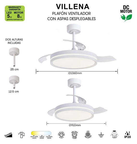 Mantra 9549 Villena Mini, rozvinovací ventilátor se svítidlem a dálk. ovladačem, LED 30W 3000-5000K, bílá, průměr 42/91cm