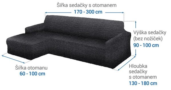 Bielastické potahy CRISTINA antracitová sedačka s otomanem vlevo (š. 170 - 300 cm)