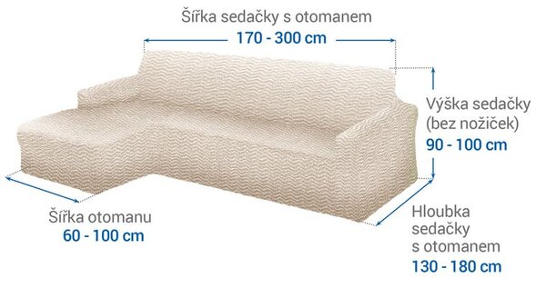 Bielastické potahy CRISTINA smetanová sedačka s otomanem vlevo (š. 170 - 300 cm)