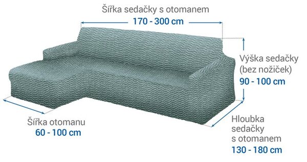 Bielastické potahy CRISTINA mátová sedačka s otomanem vlevo (š. 170 - 300 cm)