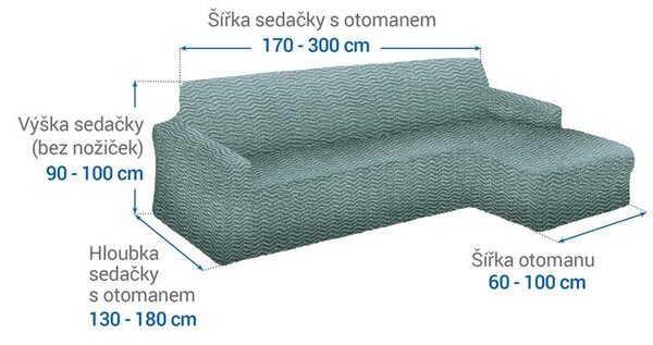 Bielastické potahy CRISTINA mátová sedačka s otomanem vpravo (š. 170 - 300 cm)