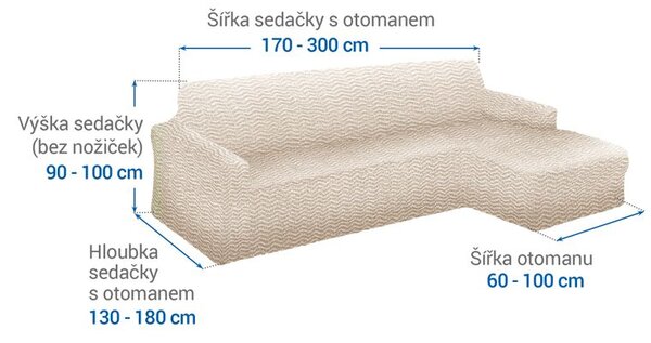 Bielastické potahy CRISTINA smetanová sedačka s otomanem vpravo (š. 170 - 300 cm)