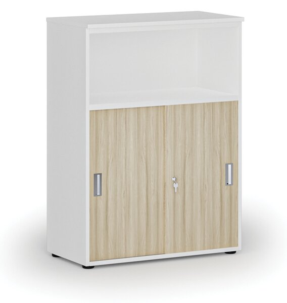 Kombinovaná kancelářská skříň se zásuvnými dveřmi PRIMO WHITE, 800 x 420 x 1087 mm, bílá/dub přírodní