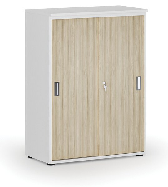 Kancelářská skříň se zasouvacími dveřmi PRIMO WHITE, 800 x 420 x 1087 mm, bílá/dub přírodní