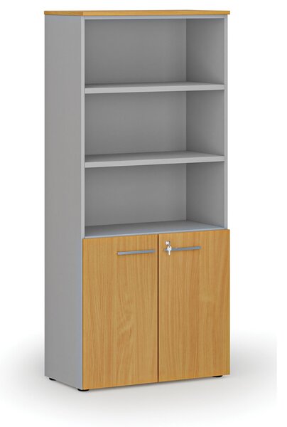 Kombinovaná kancelářská skříň PRIMO GRAY, dveře na 2 patra, 800 x 420 x 1781 mm, šedá/buk