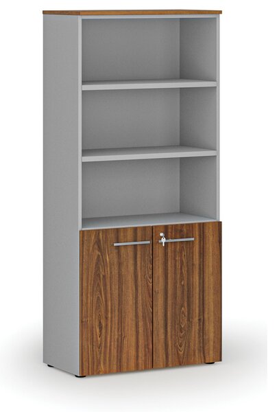 Kombinovaná kancelářská skříň PRIMO GRAY, dveře na 2 patra, 800 x 420 x 1781 mm, šedá/ořech