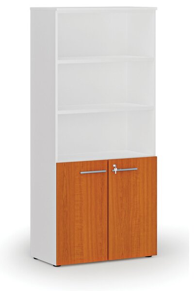 Kombinovaná kancelářská skříň PRIMO WHITE, dveře na 2 patra, 800 x 420 x 1781 mm, bílá/třešeň