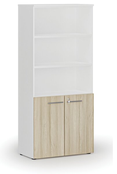 Kombinovaná kancelářská skříň PRIMO WHITE, dveře na 2 patra, 800 x 420 x 1781 mm, bílá/dub přírodní