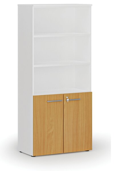 Kombinovaná kancelářská skříň PRIMO WHITE, dveře na 2 patra, 800 x 420 x 1781 mm, bílá/buk