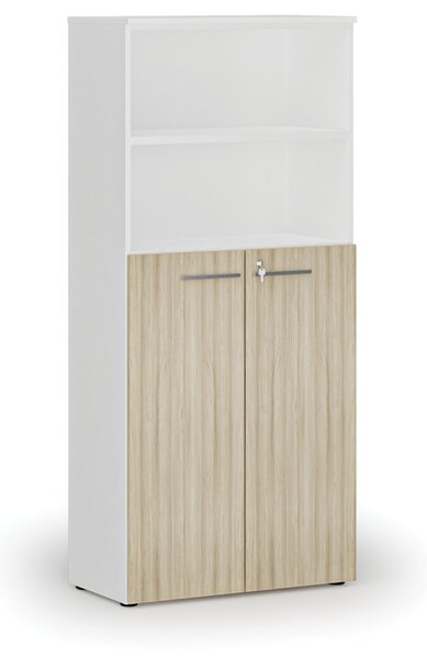 Kombinovaná kancelářská skříň PRIMO WHITE, dveře na 3 patra, 800 x 420 x 1781 mm, bílá/dub přírodní