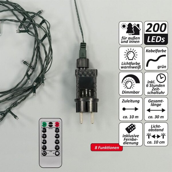 NEXOS Vánoční řetěz 30 m, 200 LED, teple bílá, zelený kabel