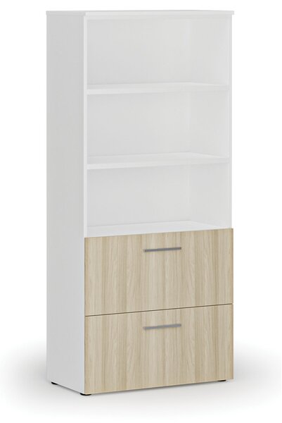 Skříň se zásuvkami pro závěsné složky PRIMO WHITE, 800 x 420 x 1781 mm, bílá/dub přírodní
