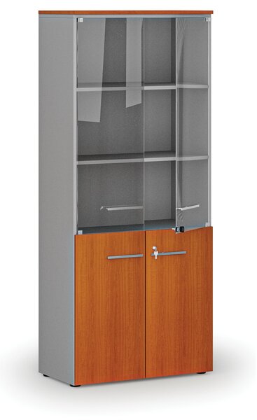 Kombinovaná kancelářská skříň PRIMO GRAY s dřevěnými a skleněnými dveřmi, 800 x 420 x 1781 mm, šedá/třešeň