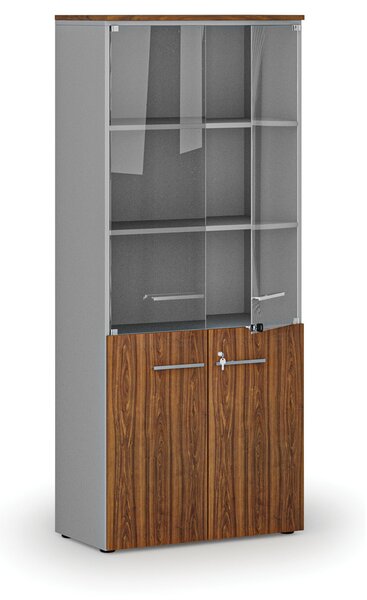 Kombinovaná kancelářská skříň PRIMO GRAY s dřevěnými a skleněnými dveřmi, 800 x 420 x 1781 mm, šedá/ořech