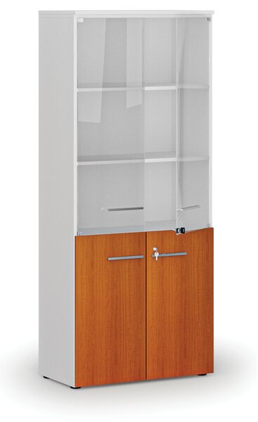 Kombinovaná kancelářská skříň PRIMO WHITE s dřevěnými a skleněnými dveřmi, 800 x 420 x 1781 mm, bílá/třešeň