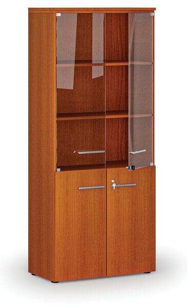 Kombinovaná kancelářská skříň PRIMO WOOD s dřevěnými a skleněnými dveřmi, 800 x 420 x 1781 mm, třešeň