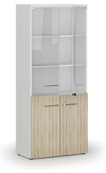 Kombinovaná kancelářská skříň PRIMO WHITE s dřevěnými a skleněnými dveřmi, 800 x 420 x 1781 mm, bílá/dub přírodní