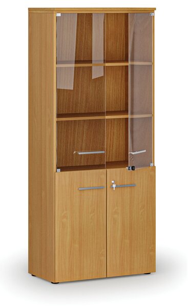 Kombinovaná kancelářská skříň PRIMO WOOD s dřevěnými a skleněnými dveřmi, 800 x 420 x 1781 mm, buk