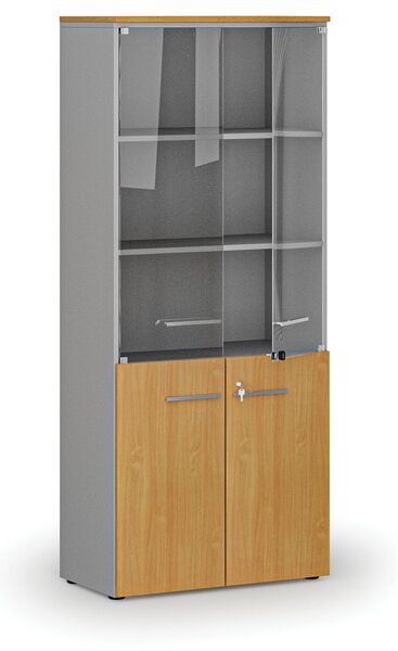 Kombinovaná kancelářská skříň PRIMO GRAY s dřevěnými a skleněnými dveřmi, 800 x 420 x 1781 mm, šedá/buk