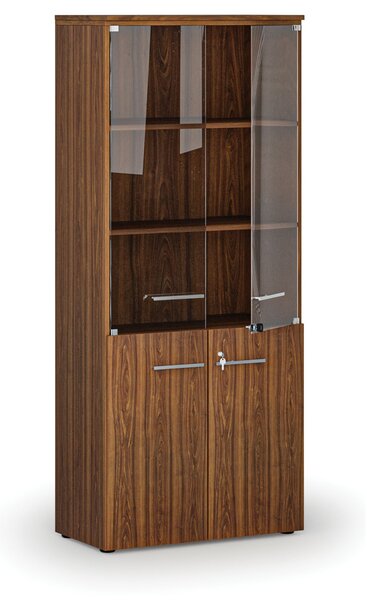 Kombinovaná kancelářská skříň PRIMO WOOD s dřevěnými a skleněnými dveřmi, 800 x 420 x 1781 mm, ořech