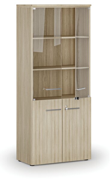 Kombinovaná kancelářská skříň PRIMO WOOD s dřevěnými a skleněnými dveřmi, 800 x 420 x 1781 mm, dub přírodní