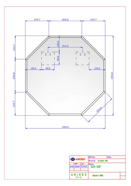 Zrcadlo na zeď do pokoje ložnice koupelny kulaté oválné tvarové DIAMANT 50 x 50 cm - osmihran s fazetou 10 mm 505-08F