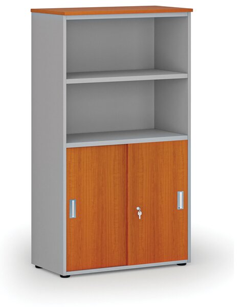 Kombinovaná kancelářská skříň PRIMO GRAY, zasouvací dveře na 2 patra, 800 x 420 x 1434 mm, šedá/třešeň
