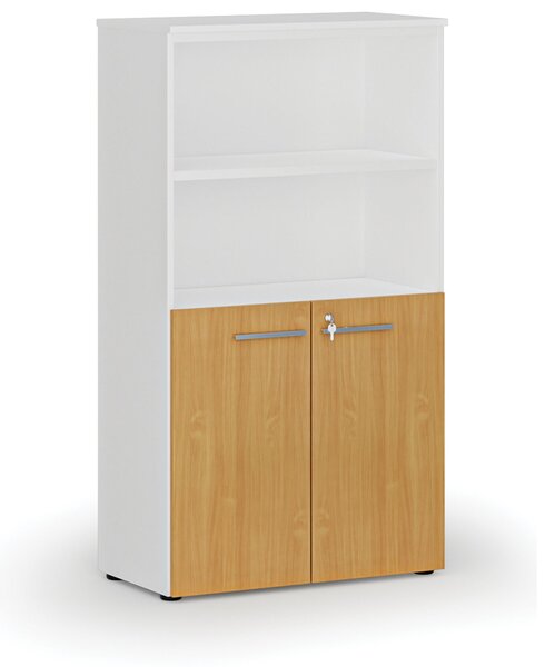 Kombinovaná kancelářská skříň PRIMO WHITE, dveře na 2 patra, 800 x 420 x 1434 mm, bílá/buk