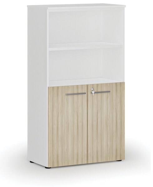 Kombinovaná kancelářská skříň PRIMO WHITE, dveře na 2 patra, 800 x 420 x 1434 mm, bílá/dub přírodní