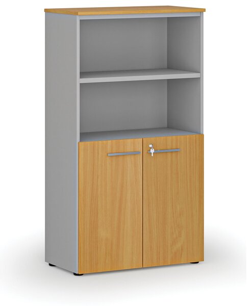 Kombinovaná kancelářská skříň PRIMO GRAY, dveře na 2 patra, 800 x 420 x 1434 mm, šedá/buk