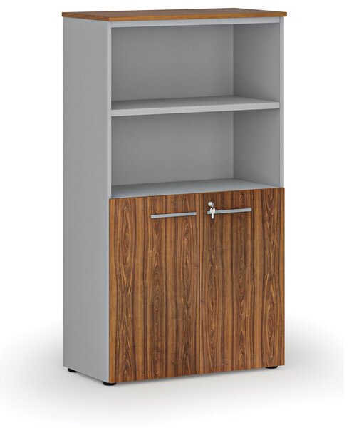 Kombinovaná kancelářská skříň PRIMO GRAY, dveře na 2 patra, 800 x 420 x 1434 mm, šedá/ořech