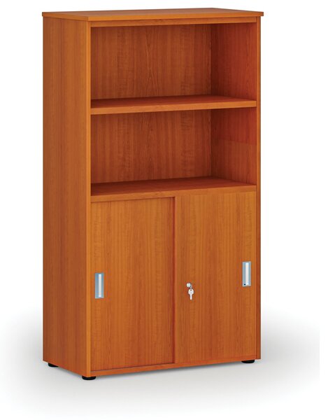 Kombinovaná kancelářská skříň PRIMO WOOD, zasouvací dveře na 2 patra, 800 x 420 x 1434 mm, třešeň
