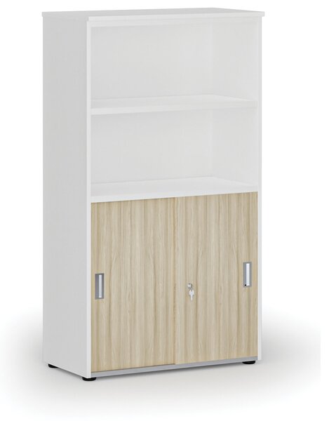 Kombinovaná kancelářská skříň PRIMO WHITE, zasouvací dveře na 2 patra, 800 x 420 x 1434 mm, bílá/dub přírodní