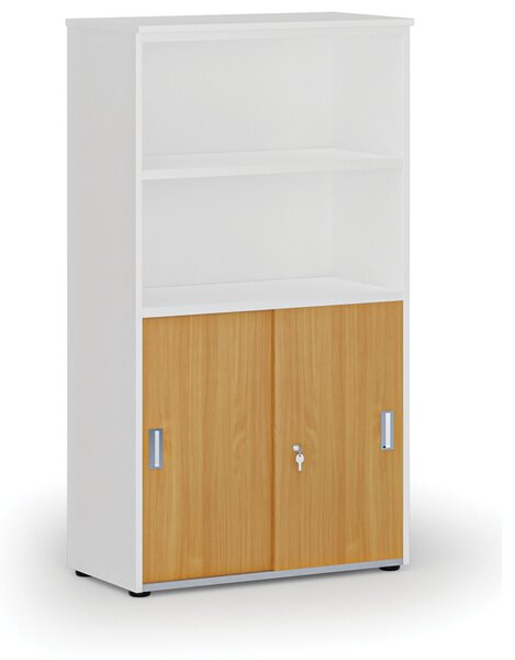 Kombinovaná kancelářská skříň PRIMO WHITE, zasouvací dveře na 2 patra, 800 x 420 x 1434 mm, bílá/buk