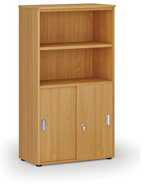 Kombinovaná kancelářská skříň PRIMO WOOD, zasouvací dveře na 2 patra, 800 x 420 x 1434 mm, buk