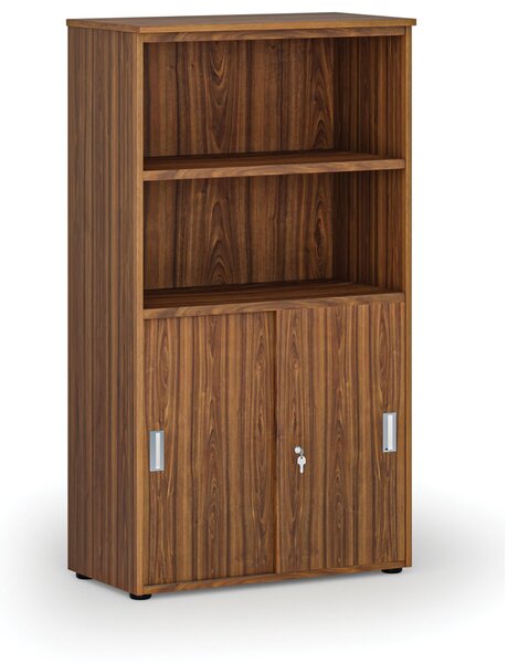 Kombinovaná kancelářská skříň PRIMO WOOD, zasouvací dveře na 2 patra, 800 x 420 x 1434 mm, ořech