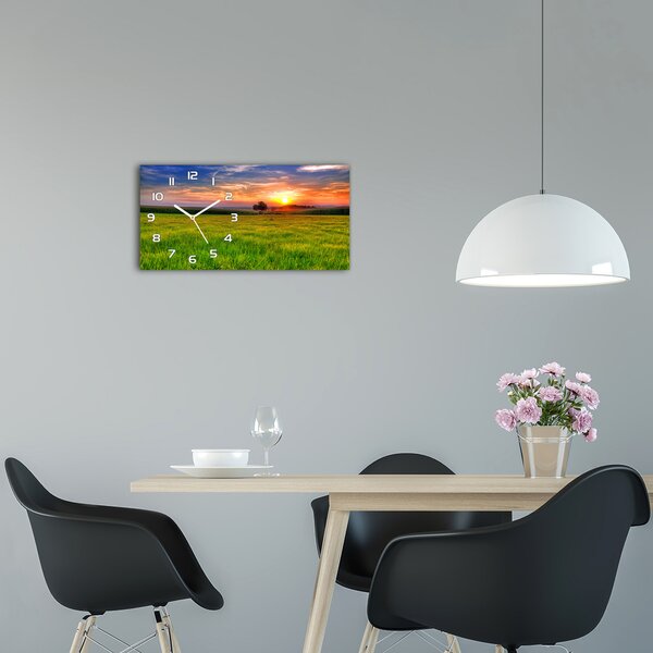 Skleněné hodiny na stěnu Západ slunce louka pl_zsp_60x30_f_44149731