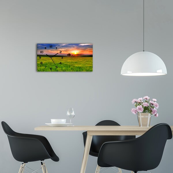 Skleněné hodiny na stěnu Západ slunce louka pl_zsp_60x30_f_44149731