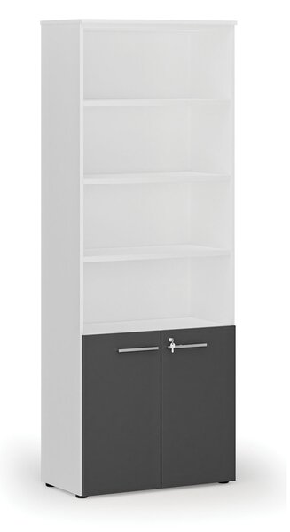 Kombinovaná kancelářská skříň PRIMO WHITE, dveře na 2 patra, 800 x 420 x 2128 mm, bílá/grafit