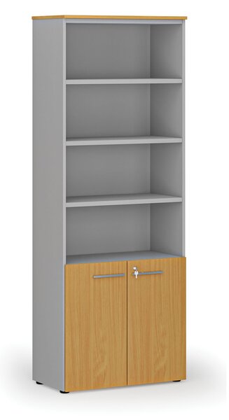 Kombinovaná kancelářská skříň PRIMO GRAY, dveře na 2 patra, 800 x 420 x 2128 mm, šedá/buk