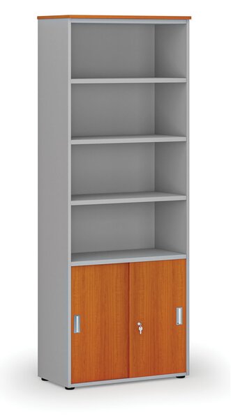 Kombinovaná kancelářská skříň PRIMO GRAY, zasouvací dveře na 2 patra, 800 x 420 x 2128 mm, šedá/třešeň